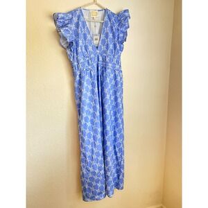 STS The Collection Blue Bow Print Ruffle Sleeve Smocked Waist maxi dress XL new